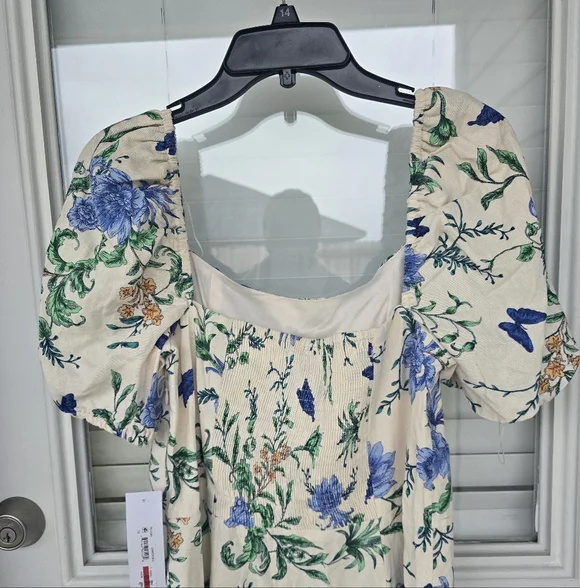 London Times Linen Blend Floral-Print Puff-Sleeve Midi Dress Sz 16 Smocked Back - Picture 13 of 15